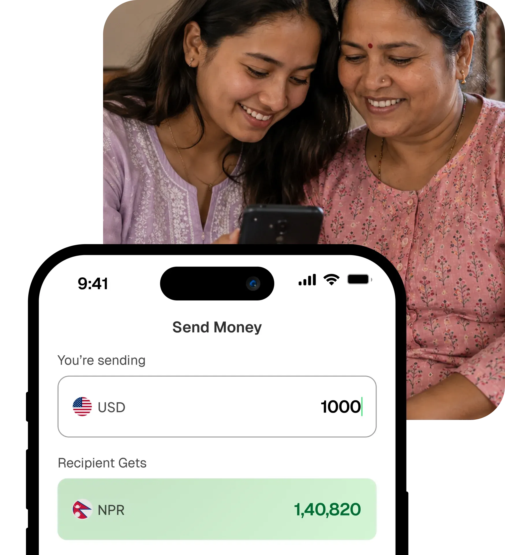 Two women smiling at a phone showing the Xuno Send Money screen